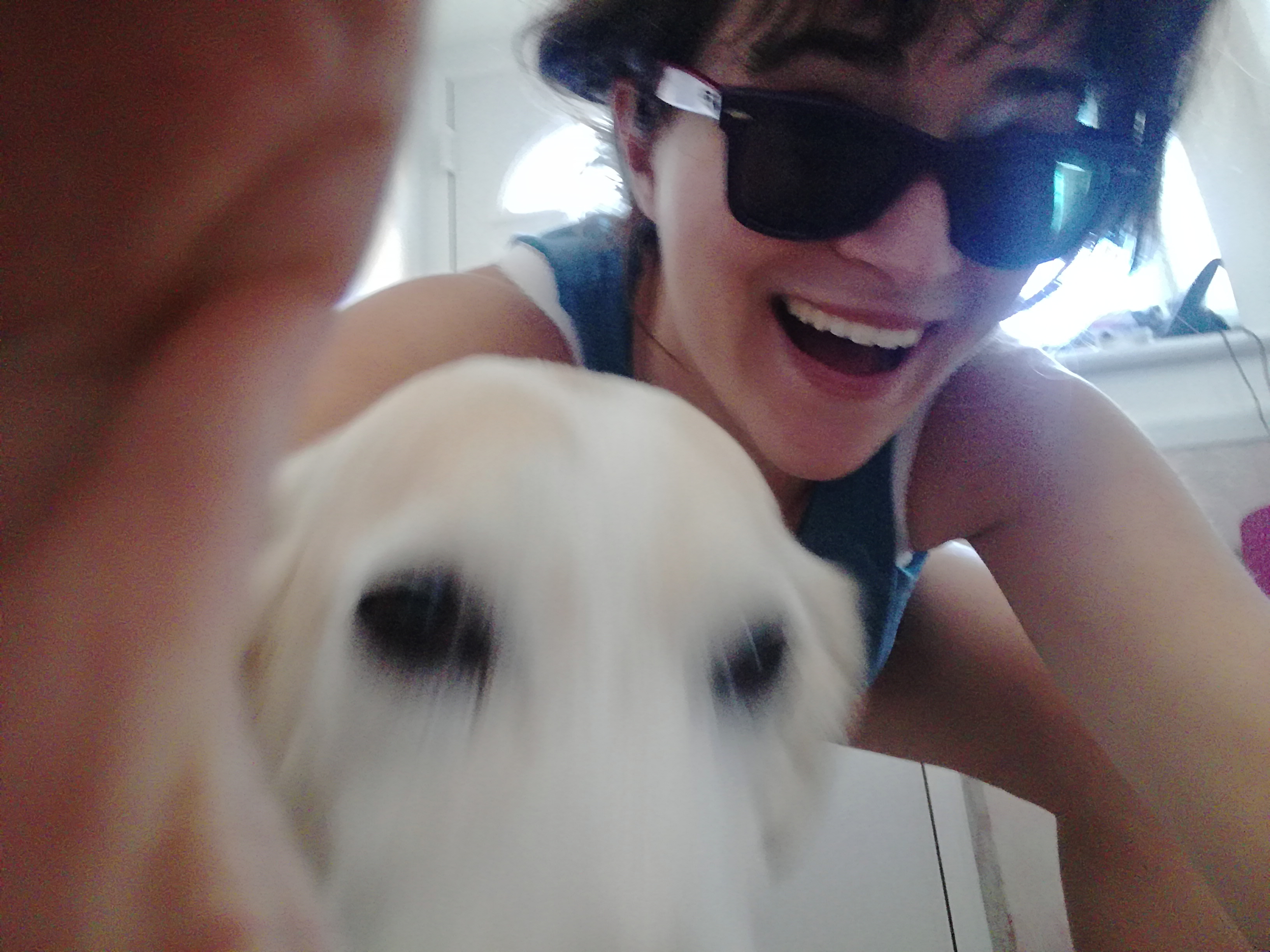 blurry dog with very happy human