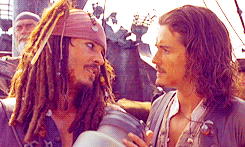 Johnny Depp and Orlando Bloom on Pirates of the Caribbean set with a jar