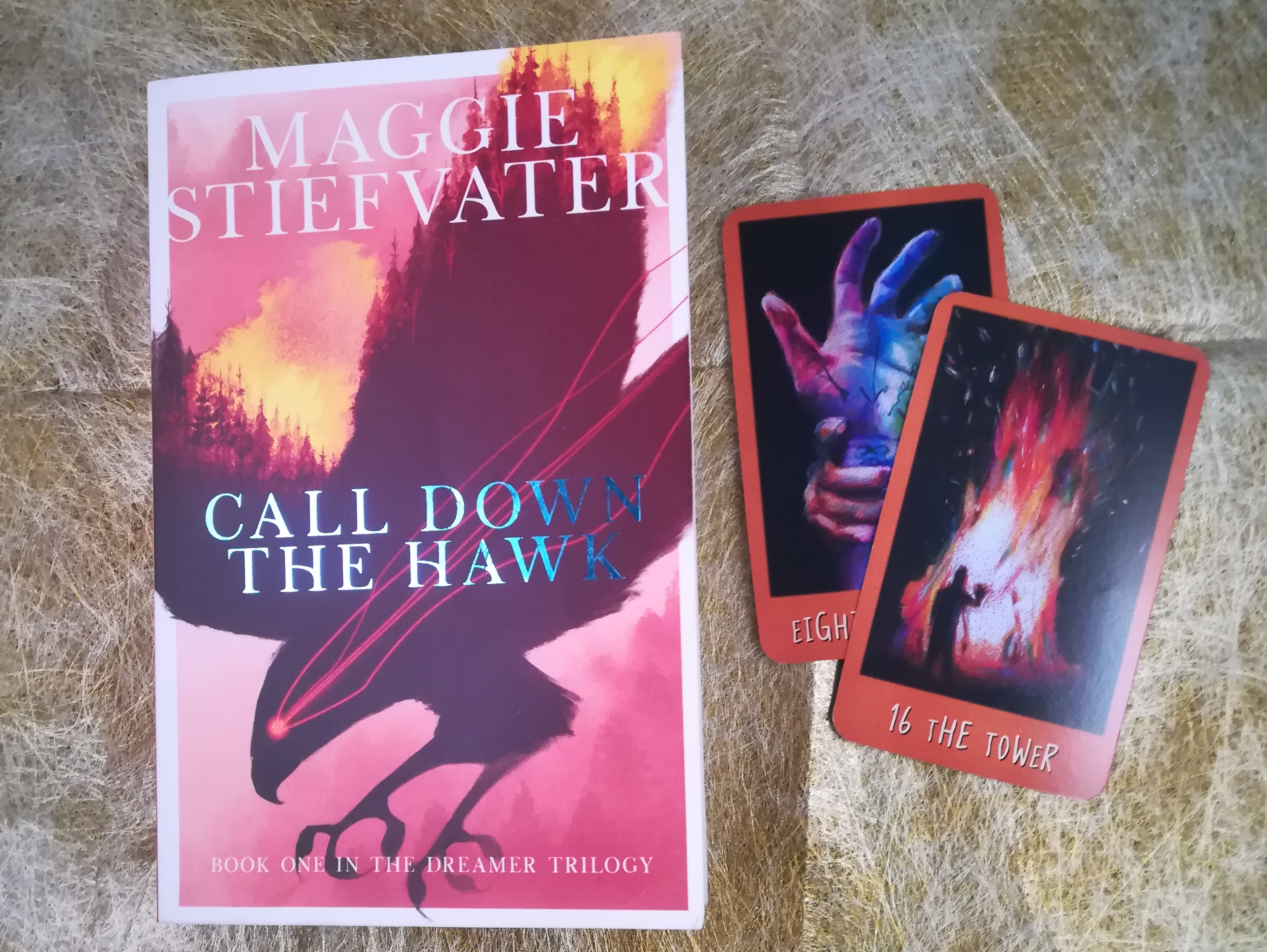 paperback of 'Call Down the Hawk' by Maggie Steifvater next to The Tower and Eight of Swords from Raven's Prophecy Tarot