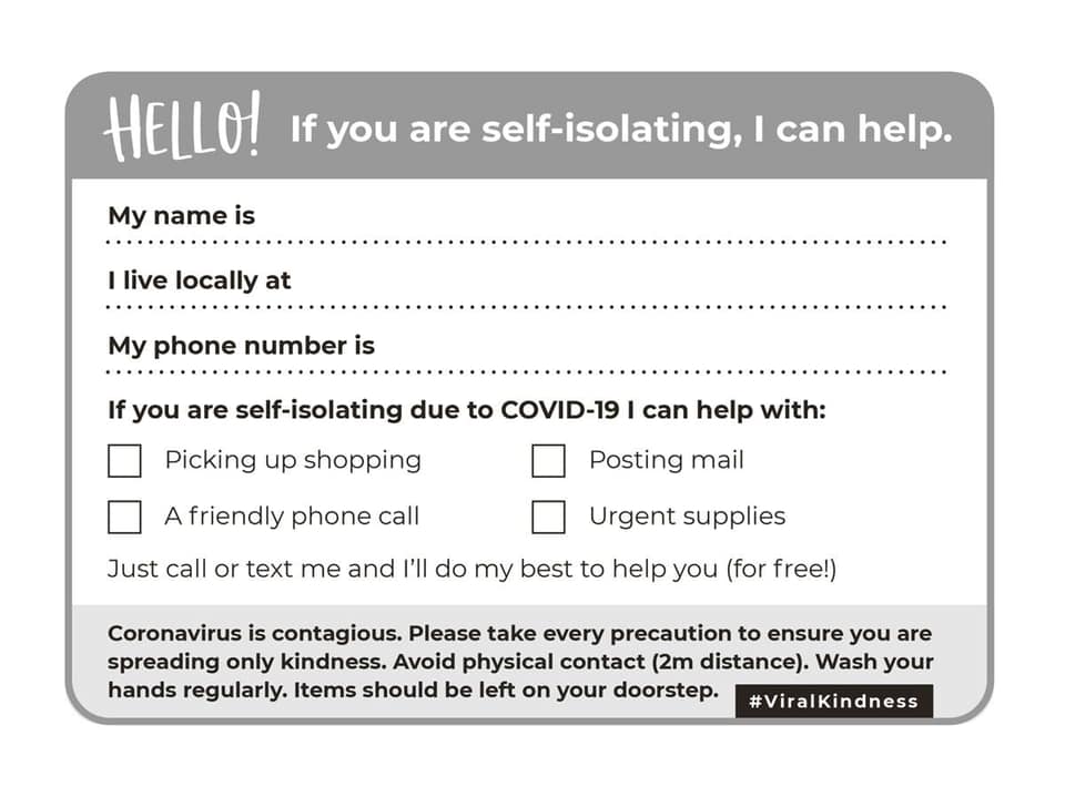 postcard with information for people to fill in in order to offer help during coronavirus outbreak