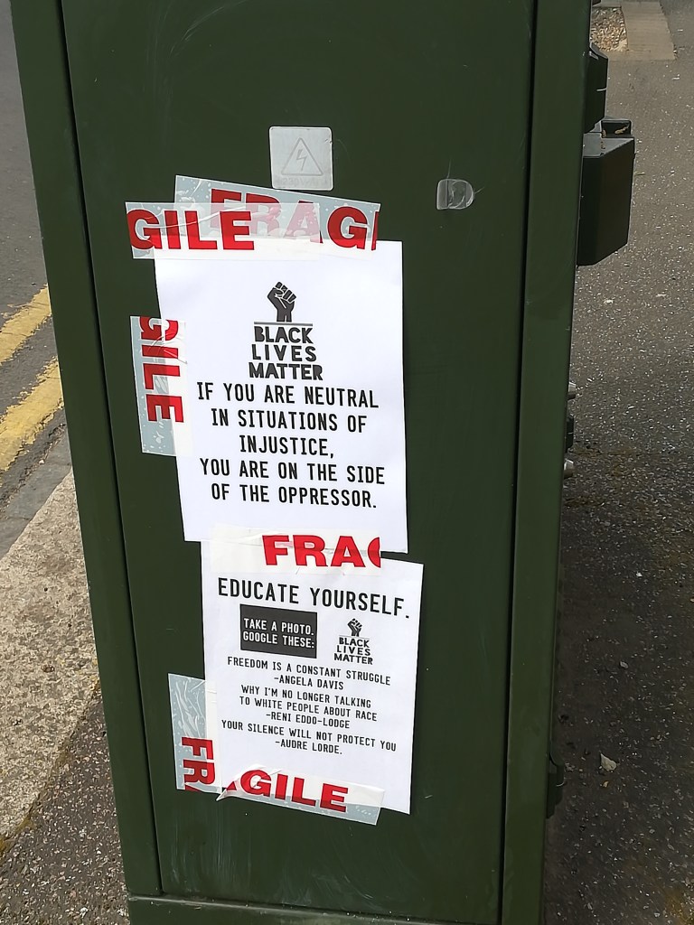 Black Lives Matter posters on electricity box in Southend-on-Sea, Essex, June 2020