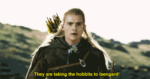 gif of Legolas exclaiming, 'They're taking the hobbits to Isengard!'
