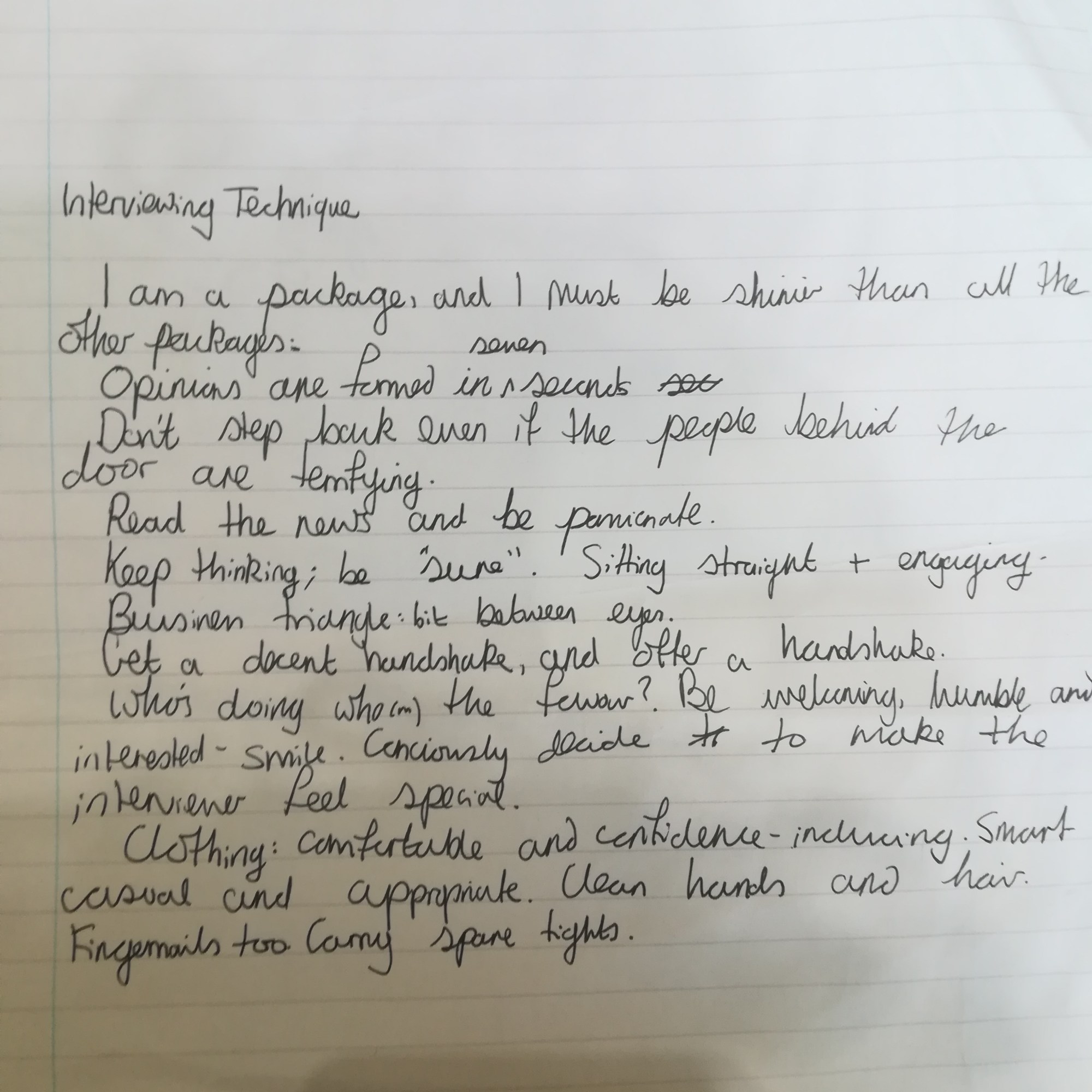 handwritten paper about interview technique, most of which is terrible advice