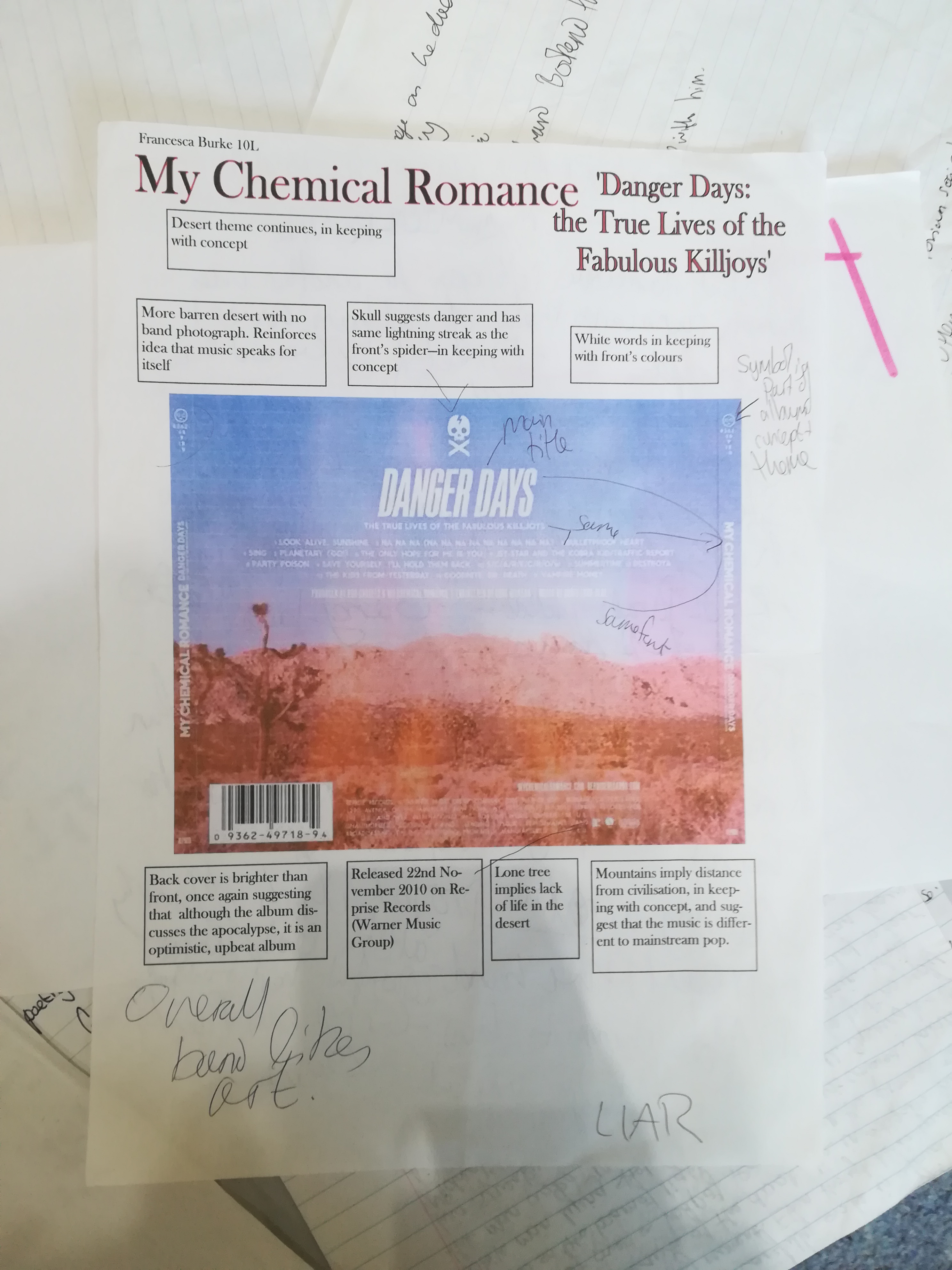 photo of some notes and a scan image of the back of My Chemical Romance's 'Danger Days: the True Lives of the Fabulous Killjoys'