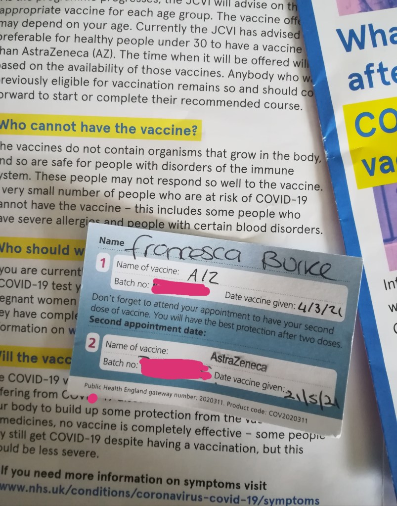 filled-in vaccine card for Oxford AsteaZeneca vaccine