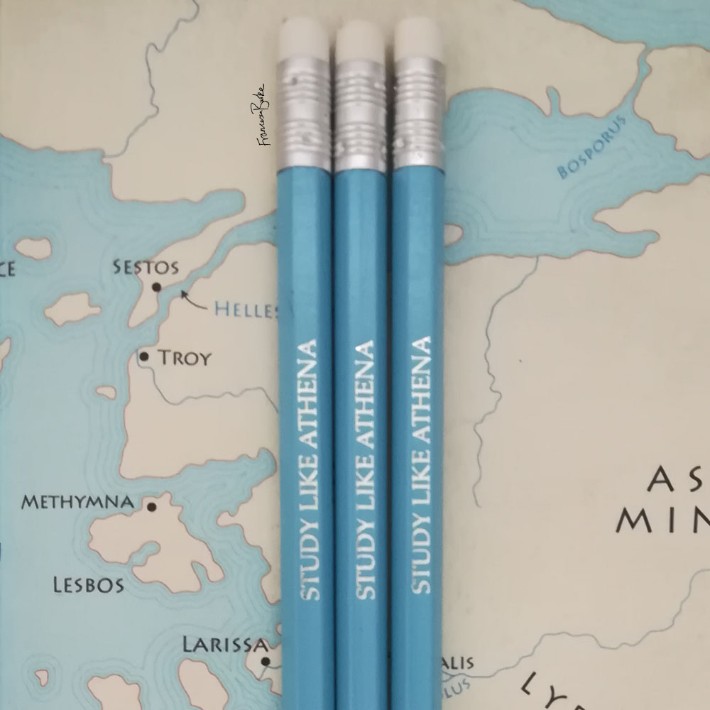 blue pencils with silver inscription reading 'STUDY LIKE ATHENA'