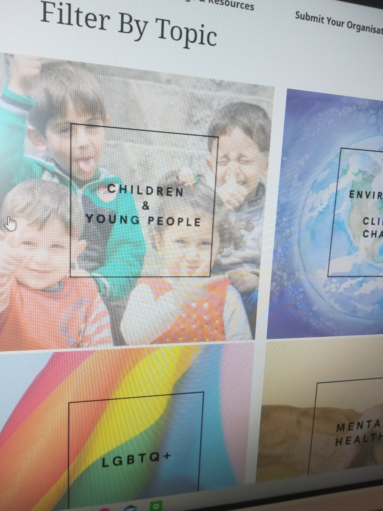 photograph of a webpage with squares showing photographs and words overlaid, including 'LGBTQ+', 'Children & Young People', 'Environment & Climate Change' and  'Mental Health'
